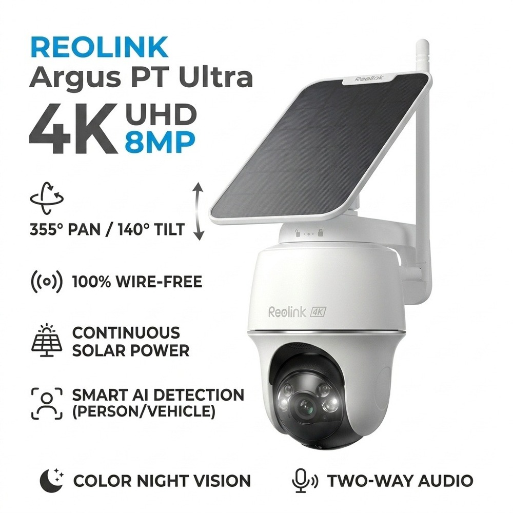 Reolink Argus PT Ultra 4K UHD 8MP Outdoor Security Camera 360 View Tilt Solar